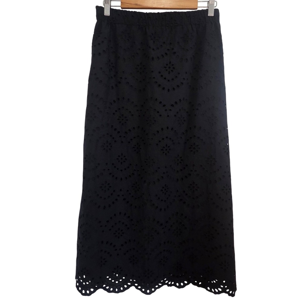 Joie Black Eyelet Cotton Midi Skirt Scalloped Hem Size Medium Elastic Waist - Picture 3 of 8